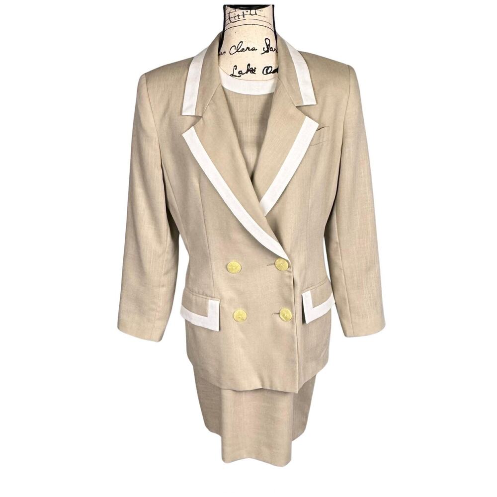 Vtg 90's Power Suit Dress & Blazer Women 10 Petite Shoulder Pads Double Breasted - Picture 3 of 16